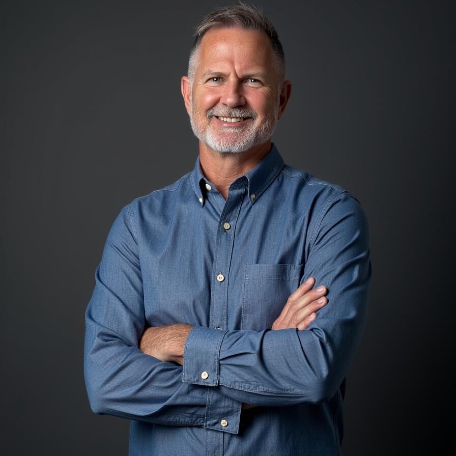 Smiling mature man in blue shirt against dark background.